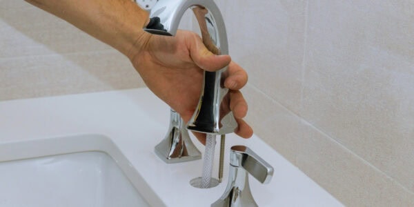 Plumber installing water faucet in the bathroom