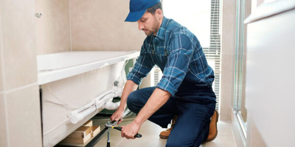 Young plumber or technician in workwear preparing detail for bathtub installation while sitting on squats