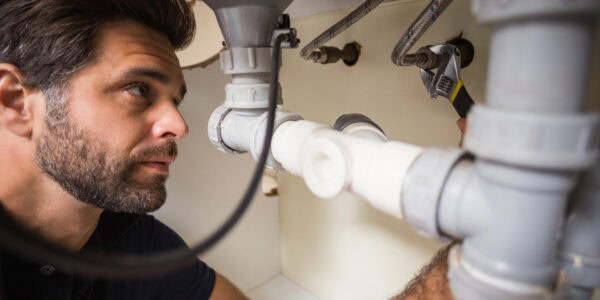 plumber fixing under the sink