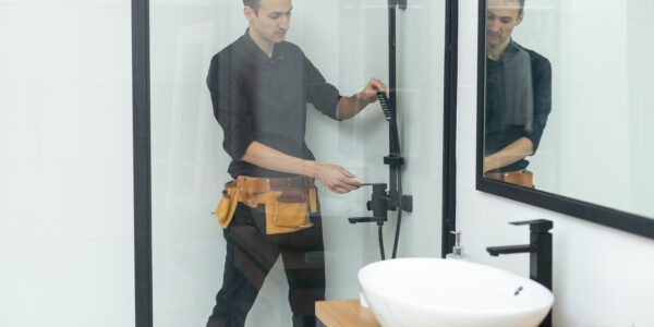 Young plumber fixing shower cabin