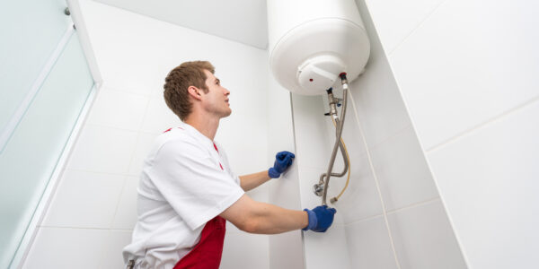 Professional plumber checking a boiler and pipes, boiler service concept.