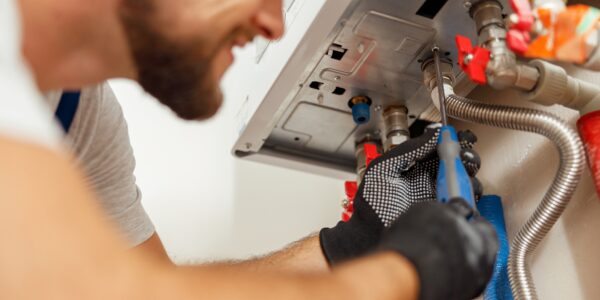 Closeup of plumber using screwdriver while installing new steel hot water central heating system in apartment